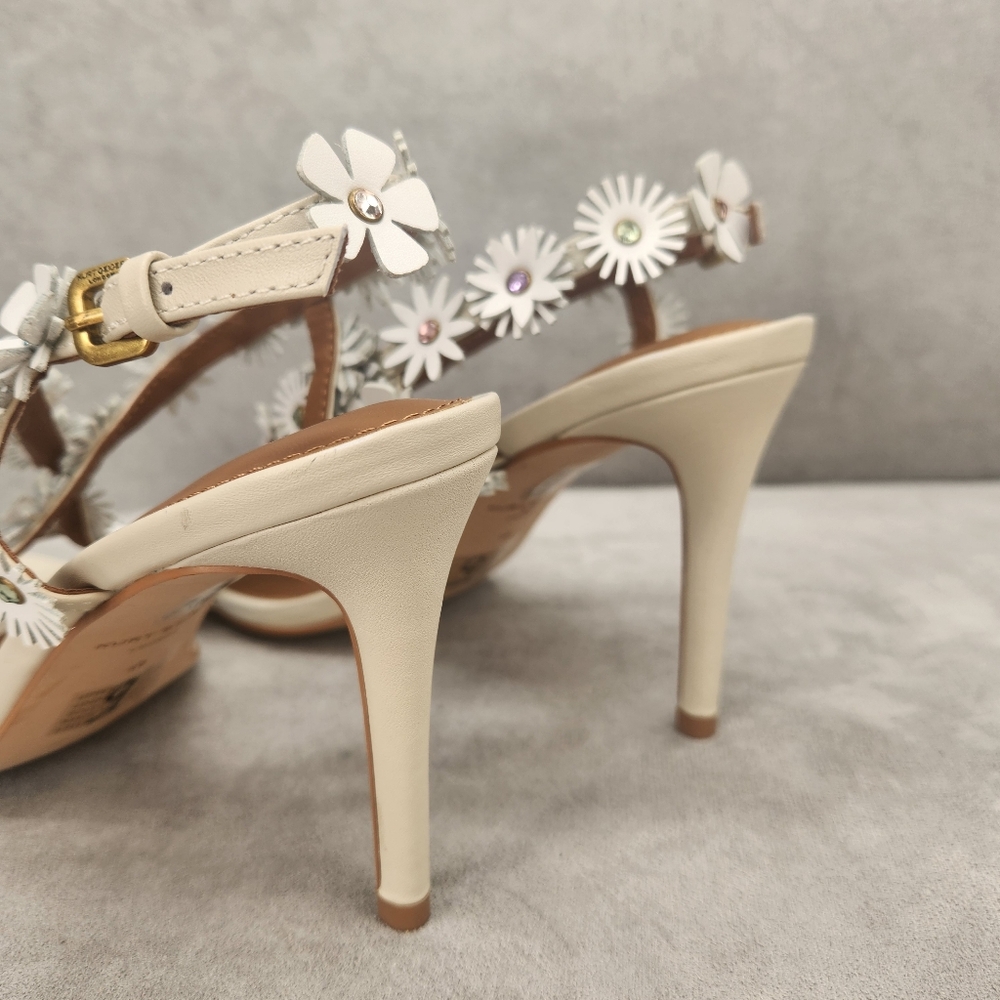 Kurt Geiger Heeled Sandals 9.5 White Leather Flower 3D Rhinestone Bridal New$240 - Picture 13 of 16